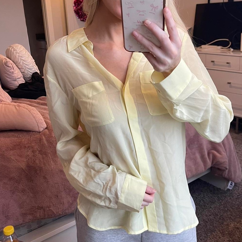 Calvin Klein Jeans Electric Lemonade Yellow Semi-Sheer Button-Up Blouse